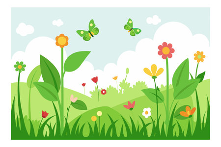 Bright and cheerful spring scene with colorful flowers and butterflies in a green meadow under a thunderstorm sky.のイラスト素材