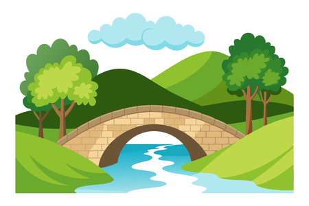 Colorful landscape illustration featuring a stone bridge over a river, surrounded by green hills and trees with a blue sky.のイラスト素材