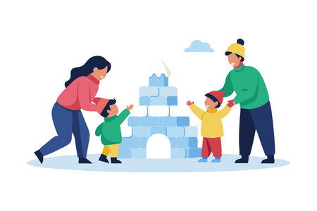 Happy family enjoying winter by building a snow fort together. Parents and children having fun in outdoor activity with snow.のイラスト素材