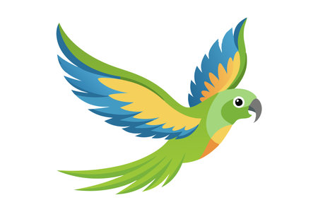 Illustration of a colorful parrot in flight with vibrant blue, green, and yellow wings against a white background.のイラスト素材