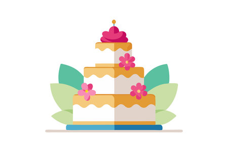 Colorful three-tier cake illustration with flowers and leaf decorations, perfect for celebrations...