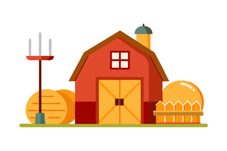 Bright and colorful illustration of a red barn, hay bales, and a pitchfork on a farm, showcasing agricultural elements.のイラスト素材