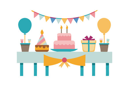 Illustration of a decorated birthday party table featuring a cake, balloons, presents, and festive bunting.のイラスト素材