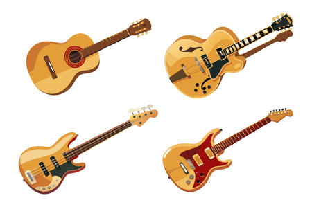 Colorful vector illustration showing different types of guitars, including acoustic, electric, and bass, on a white background.のイラスト素材