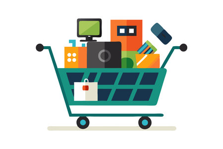 Shopping cart filled with electronic gadgets, computers, and boxes. Illustration representing the online shopping and purchase concept.のイラスト素材