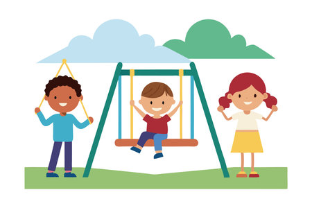 Illustration of cheerful kids enjoying swings in a park, showing joy, friendship, and happiness.のイラスト素材