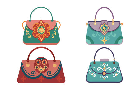 Collection of four beautifully decorated handbags featuring floral motifs and intricate patterns on a white background.のイラスト素材