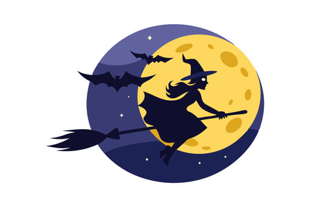 Spooky vector illustration of a witch on a broomstick with bats in the night sky against a full moon.のイラスト素材