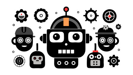Adorable cartoon robot faces surrounded by gears and mechanical elements, creating a playful and...