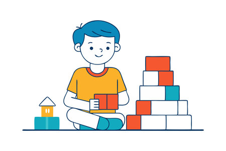 Illustration of a smiling child sitting and playing with building blocks, showing creativity and learning through play.のイラスト素材