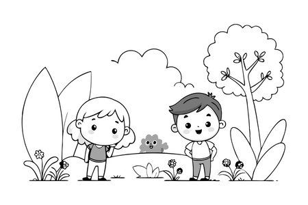 A black and white illustration featuring happy kids playing outdoors in a nature park with trees and flowers, evoking fun and joy.のイラスト素材