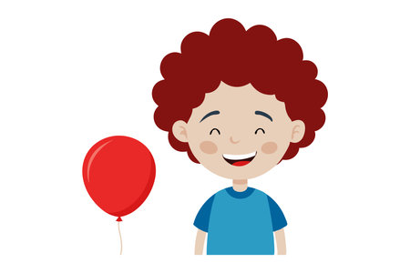 Illustration of a happy cartoon boy with curly hair and a red balloon, smiling and cheerful character.のイラスト素材