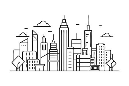 Black and white vector illustration of a city skyline featuring modern skyscrapers and cloud elementsのイラスト素材
