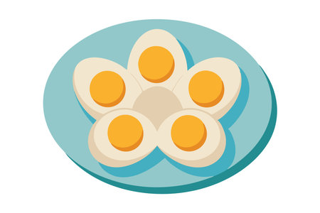Vector illustration of sliced boiled eggs arranged in a flower shape on a blue plate. Perfect for culinary, health, and food-related themes.のイラスト素材