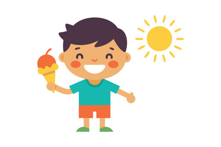 Happy child holding an ice cream cone while smiling under the bright sun, representing joy and summer funのイラスト素材