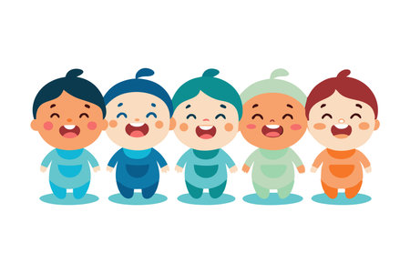 Adorable cartoon depiction of five cheerful babies in various colorful outfits standing together and smiling.のイラスト素材