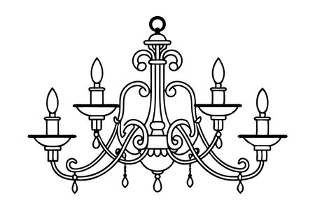 Black and white illustration of an ornate chandelier with five candle lights, decorated with intricate details.のイラスト素材