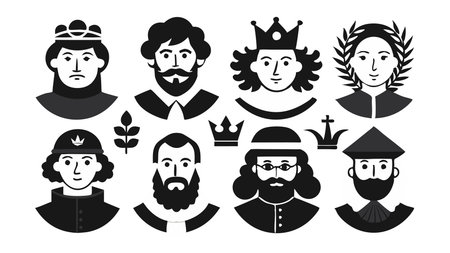 Vector illustrations of medieval characters including kings, queens, scholars, and knights in black and white.のイラスト素材