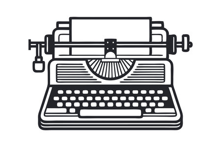 Illustration of a vintage black and white typewriter with blank paper in a minimalist design.のイラスト素材
