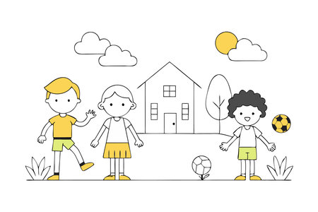 Vector illustration of three children playing soccer outside a house on a sunny day. Creative line art depicting happy childhood moments.のイラスト素材