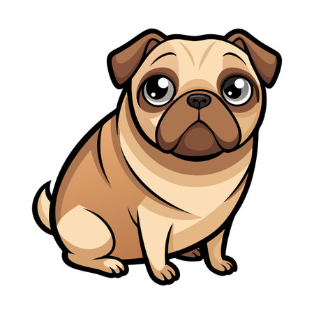 A cartoon dog with a sad expression. It is sitting on the ground. The dog has a big brown nose and big brown eyesのイラスト素材