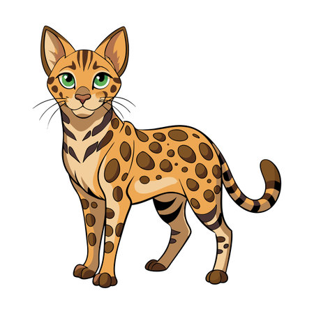 A cartoon cat with green eyes stands in front of a white background. The cat has a playful and curious expression on its faceのイラスト素材