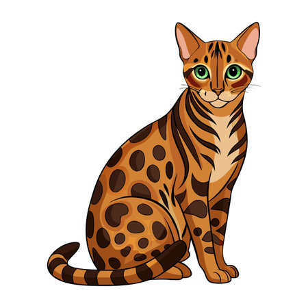 A cat with green eyes sits on a white background. The cat has a striped pattern and is sitting in a relaxed poseのイラスト素材