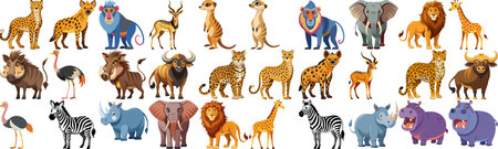 Diverse collection of African safari animals in cartoon style, featuring a variety of species...