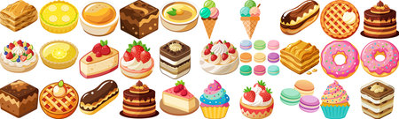Illustrations of various desserts and pastries including cakes, pies, and ice cream