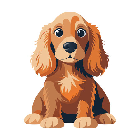 A cartoon dog with floppy ears and a brown coat. It is sitting on a white background. The dog has a cute and friendly expressionのイラスト素材