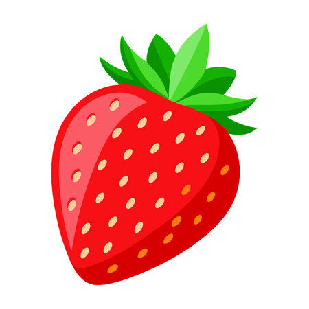 A red strawberry with green leaves. The strawberry is the main focus of the image. The color of the strawberry is bright and vibrant, which gives the image a cheerful and lively moodのイラスト素材