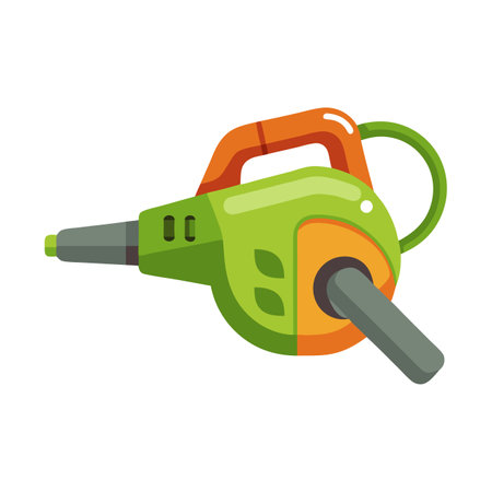 A green and orange powered blower with a green handle. The blower is designed to be used for cleaning and is ready for useのイラスト素材