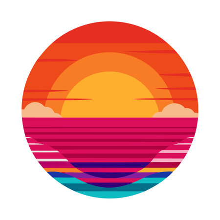 A colorful ocean scene with a large sun in the center. The sun is surrounded by clouds and the ocean is calm. The colors of the sky and water create a warm and peaceful atmosphereのイラスト素材