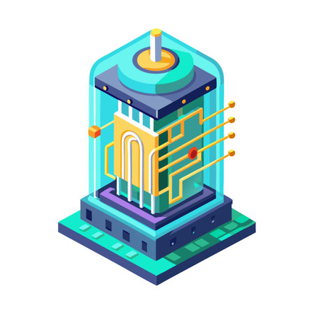 A futuristic building with a glass dome and a yellow and blue color scheme. The building is surrounded by wires and has a metallic appearanceのイラスト素材