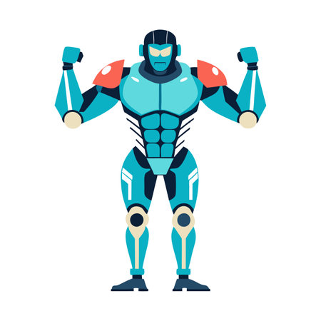 A blue robot with a muscular build is standing with his arms raised. The robot has a menacing look on his faceのイラスト素材