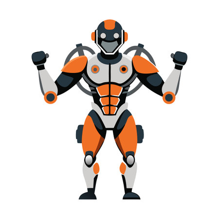 A robot with orange and white limbs is standing with its arms raised. The robot has a strong and powerful appearance, suggesting that it may be a superhero or a robot with advanced abilitiesのイラスト素材
