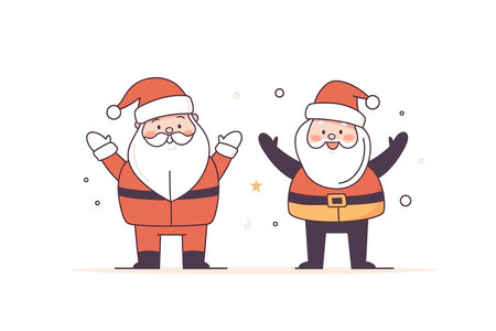 A joyful illustration of two Santa Claus characters celebrating together, evoking happiness and festive cheer. Ideal for holiday themes, Christmas greetings, and festive designs.のイラスト素材