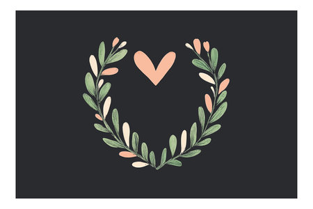 A minimalist vector illustration featuring a heart-shaped floral wreath, combining pastel colors on a dark background. Ideal for romantic or nature-themed designs.のイラスト素材