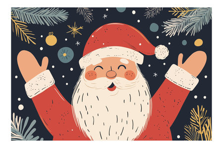 Vector illustration of a cheerful Santa Claus surrounded by festive decorations, evoking a joyful holiday season atmosphere. The image includes bright colors and seasonal elements such as pine branches and ornaments.のイラスト素材