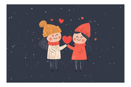 Charming vector illustration of two children in winter clothes sharing a heart. This whimsical scene captures friendship, warmth, and joy amidst falling snowflakes.のイラスト素材
