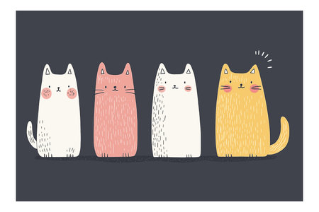 Charming vector illustration featuring four adorable and colorful cartoon cats set against a dark background, conveying playfulness and whimsy, perfect for children's designs and creative projects.のイラスト素材