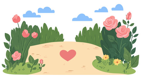 A serene garden pathway adorned with flowers and a heart, ideal for romantic themes.のイラスト素材