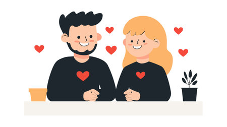 A cheerful couple sharing a moment with hearts, ideal for romance-themed designs.のイラスト素材