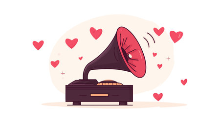 A charming flat illustration of a vintage gramophone surrounded by floating hearts, ideal for romantic themes.のイラスト素材