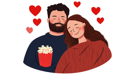 A cozy illustration of a couple sharing a moment with popcorn, perfect for romantic themes.のイラスト素材