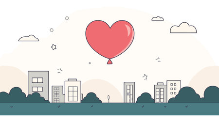 A heart-shaped balloon gently hovers over a simple city landscape, symbolizing love and joy.のイラスト素材