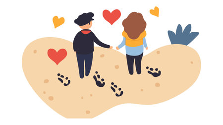 A charming depiction of a couple holding hands, surrounded by playful hearts, perfect for love-themed designs.のイラスト素材