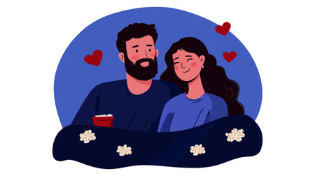 A charming illustration of a couple enjoying a cozy movie night together, perfect for romantic themes.のイラスト素材
