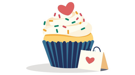 A delightful cupcake illustration featuring colorful sprinkles and a heart, perfect for bakery promotions.のイラスト素材