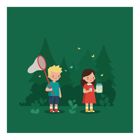 The first frame shows a boy, while the second frame depicts a girl holding a jar of butterflies.のイラスト素材